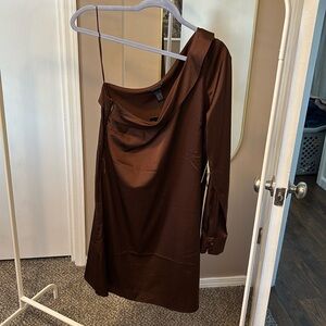NWT Express Brown Satin One Sleeve Dress with Removable Belt